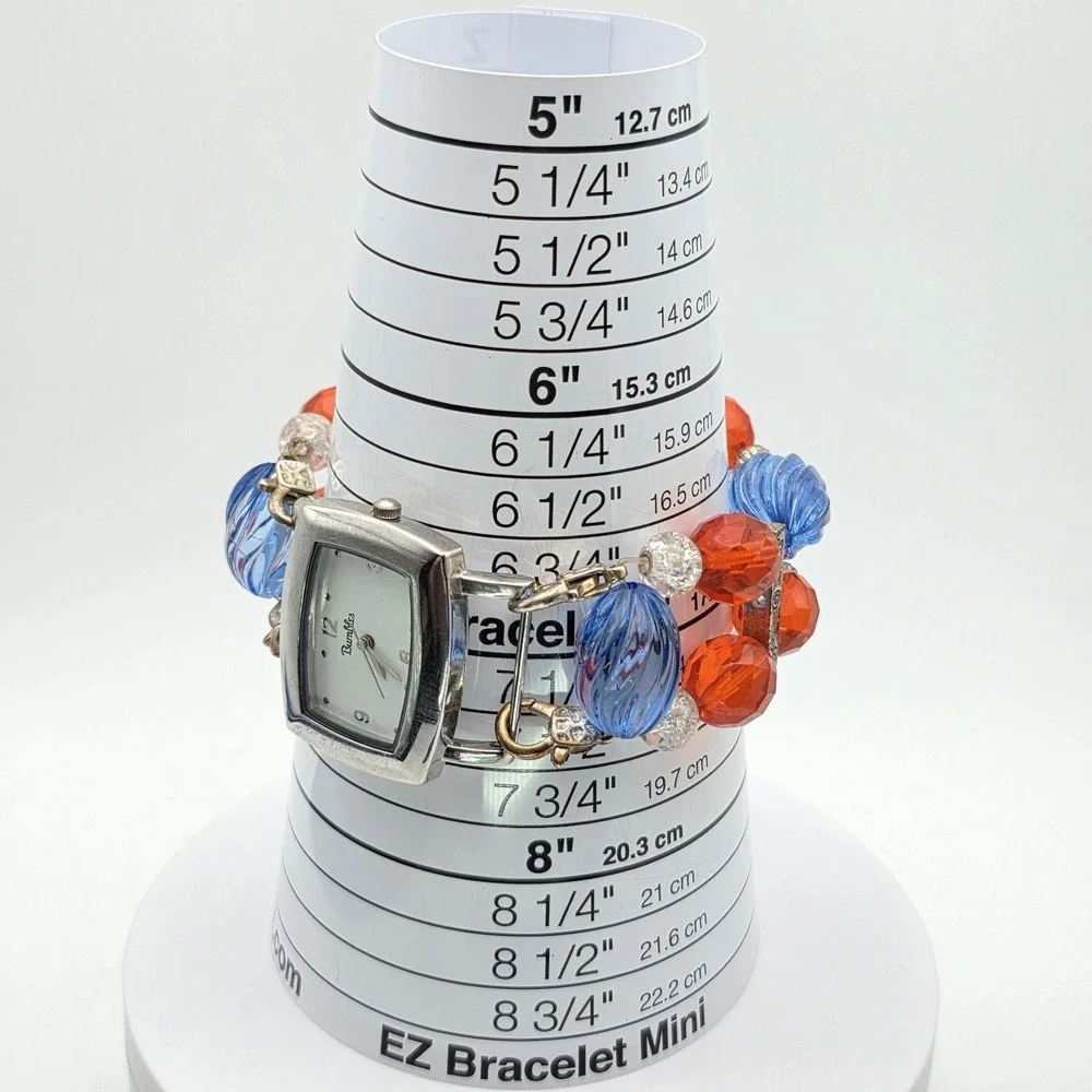 Vtg BUMBLES Watch Orange Blue 2-Strand Beaded Removable Stretch Band New Battery